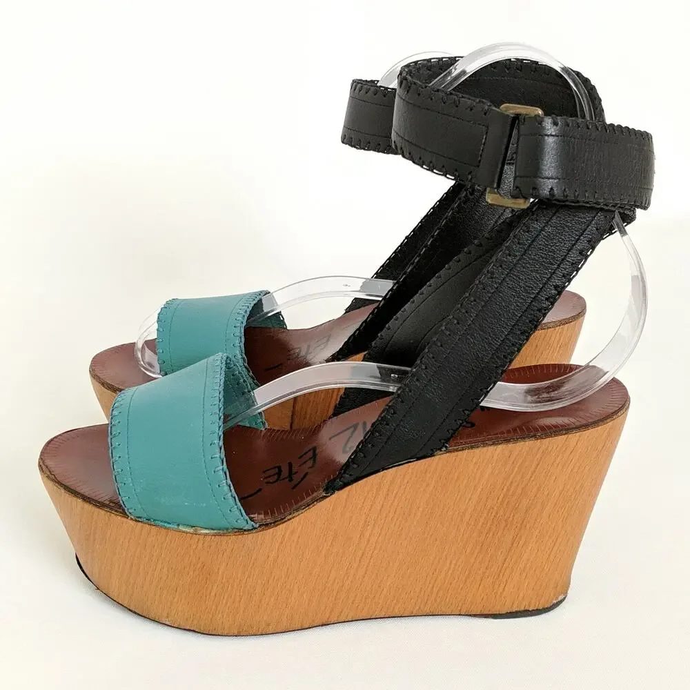 Lanvin Ankle Strappy Wedge Platform Sandals Wood High Chunky‎ Heels Womens 8